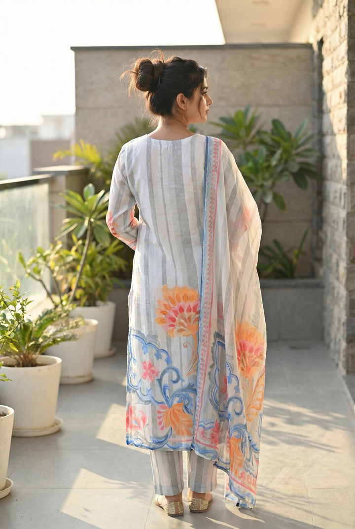 Grey Cotton Printed Three Piece Set