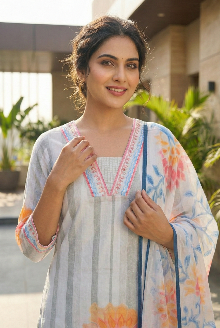 Grey Cotton Printed Three Piece Set