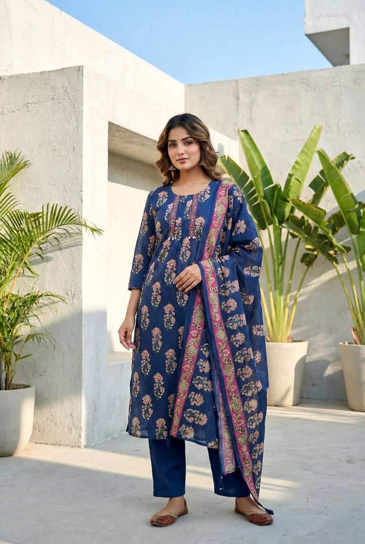 Navy Blue Cotton Floral Digital Printed Three Piece Set