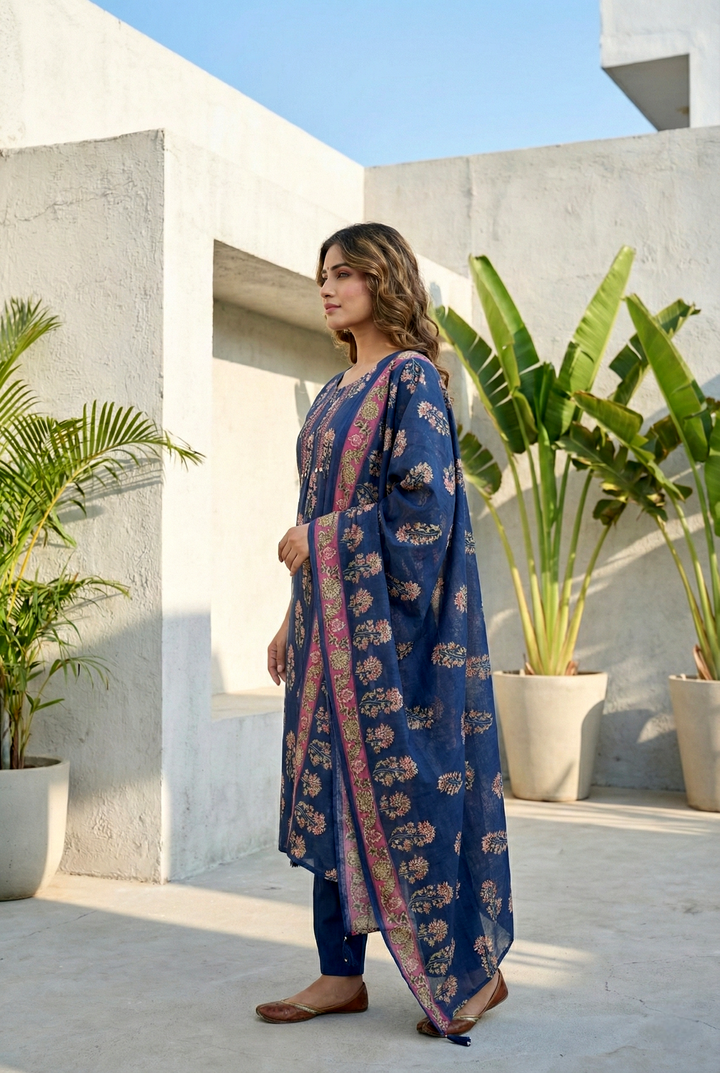 Navy Blue Cotton Floral Digital Printed Three Piece Set