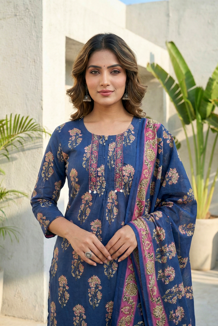 Navy Blue Cotton Floral Digital Printed Three Piece Set