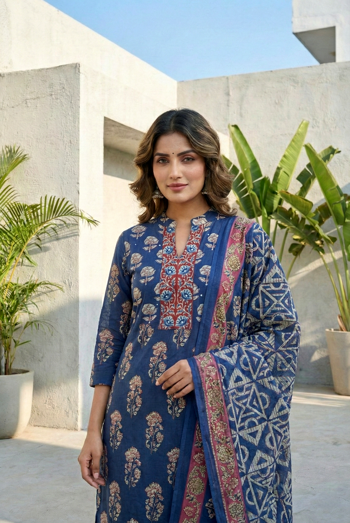 Navy Blue Cotton Floral Digital Printed Three Piece Set