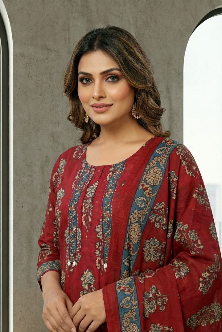 Maroon Cotton Floral Digital Printed Three Piece Set