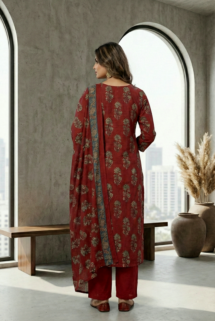 Maroon Cotton Floral Digital Printed Three Piece Set