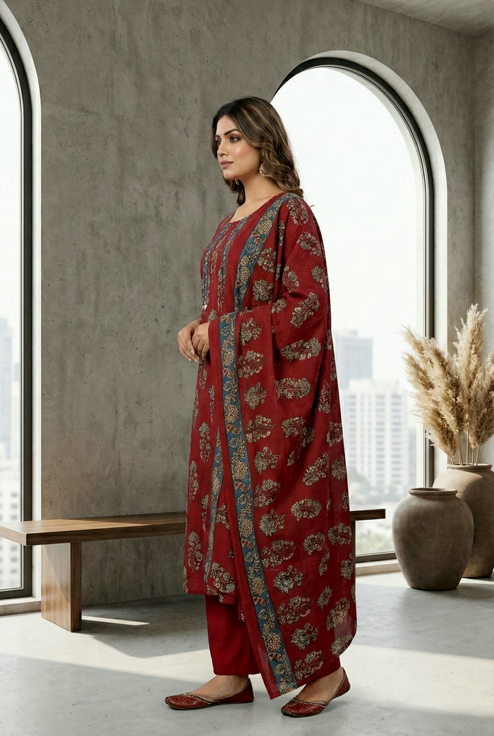 Maroon Cotton Floral Digital Printed Three Piece Set