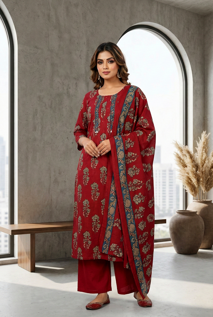 Maroon Cotton Floral Digital Printed Three Piece Set