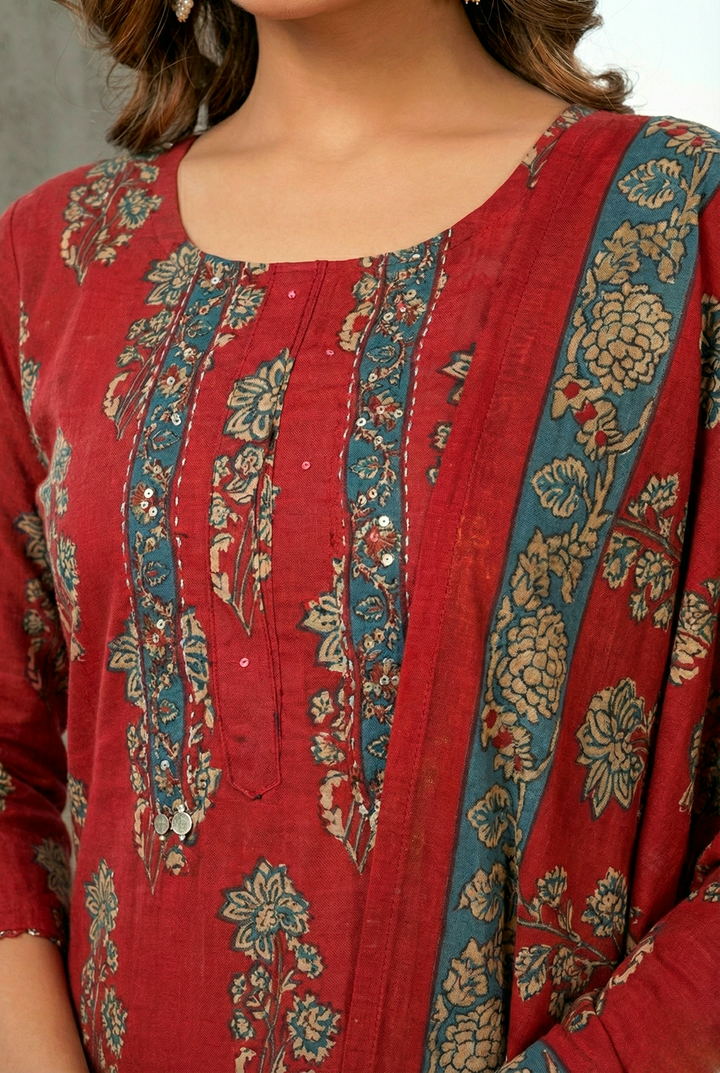 Maroon Cotton Floral Digital Printed Three Piece Set