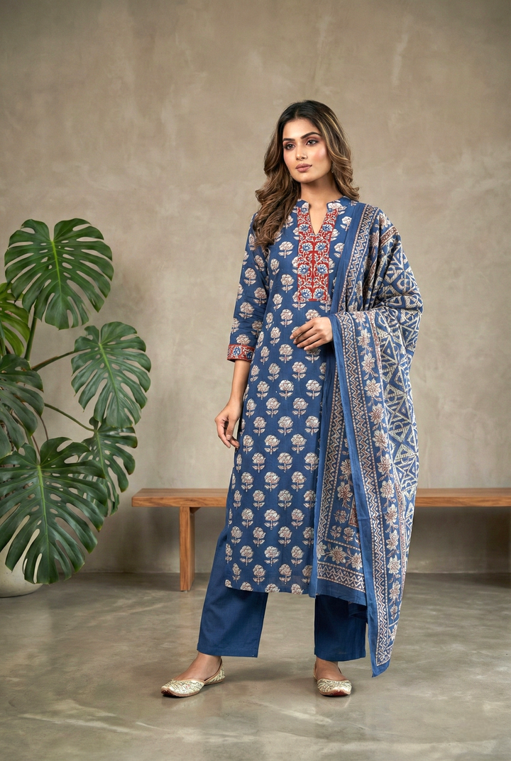 Indigo Cotton Printed Three Piece Set