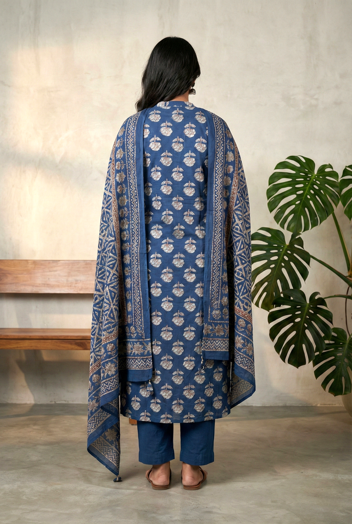 Indigo Cotton Printed Three Piece Set