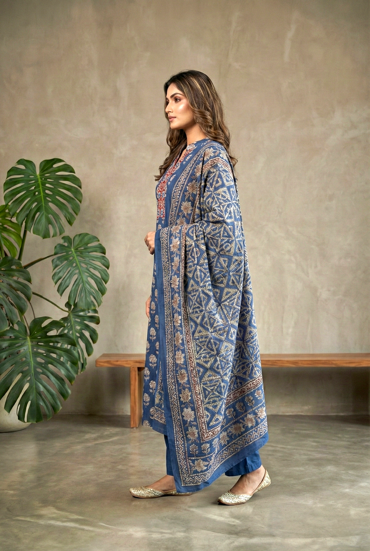 Indigo Cotton Printed Three Piece Set