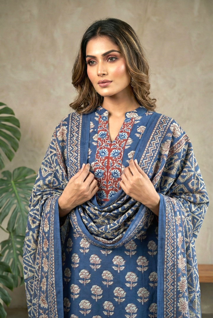 Indigo Cotton Printed Three Piece Set