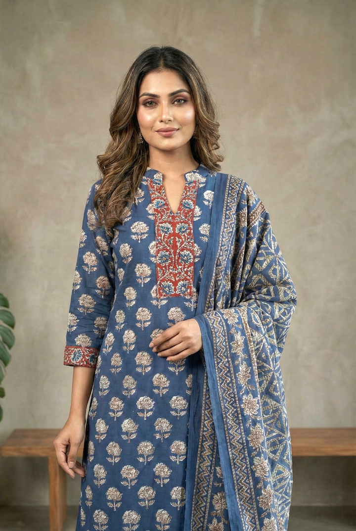 Indigo Cotton Printed Three Piece Set