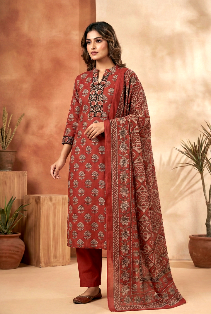 Maroon Cotton Printed Three Piece Set