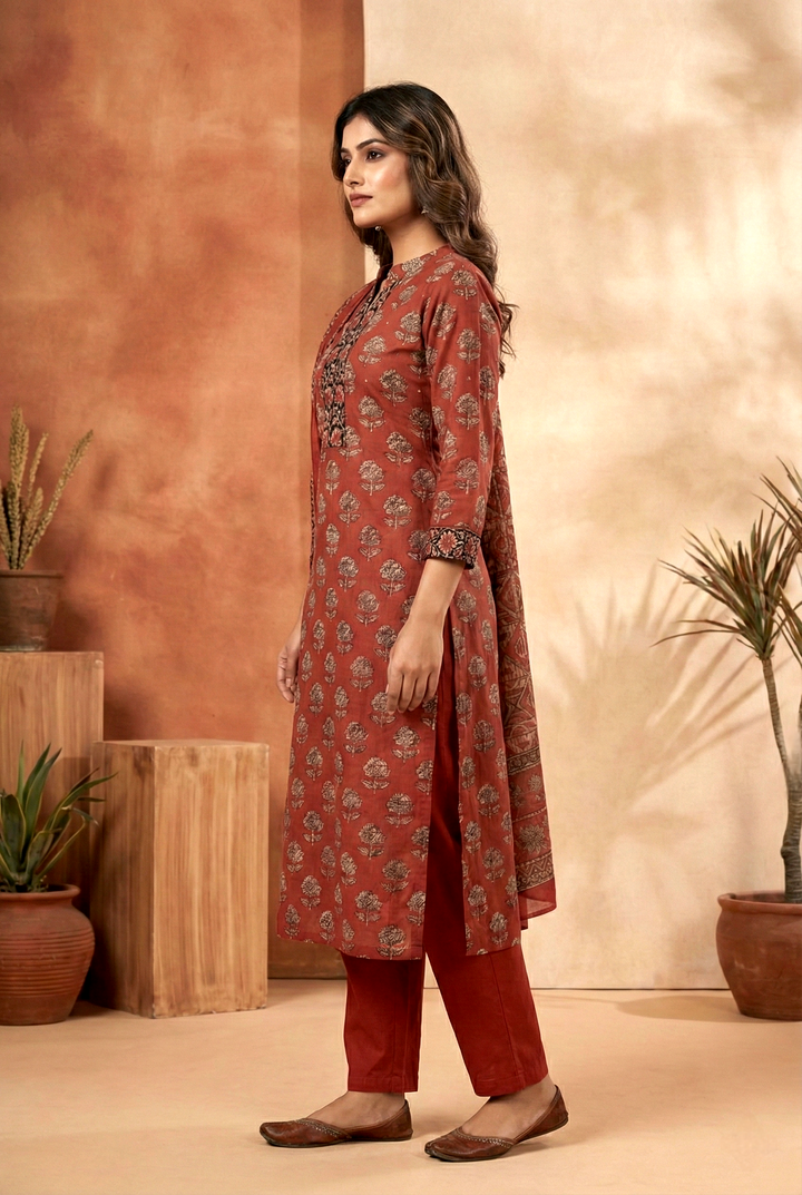 Maroon Cotton Printed Three Piece Set