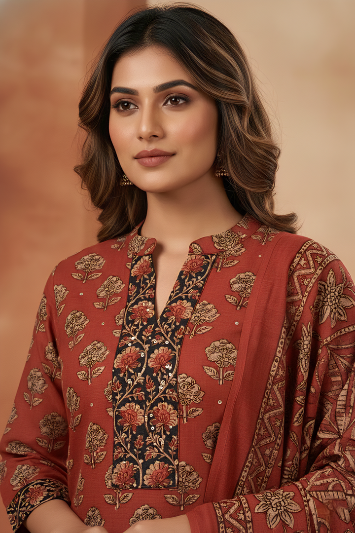 Maroon Cotton Printed Three Piece Set
