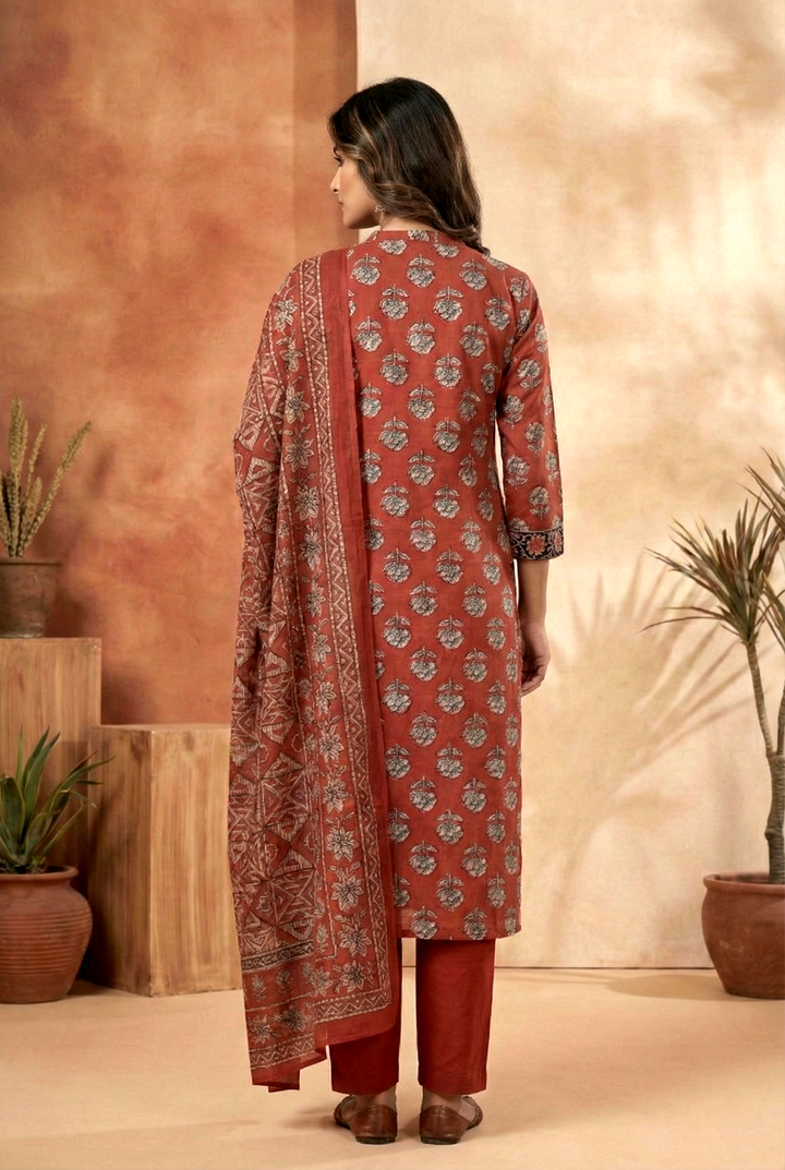 Maroon Cotton Printed Three Piece Set