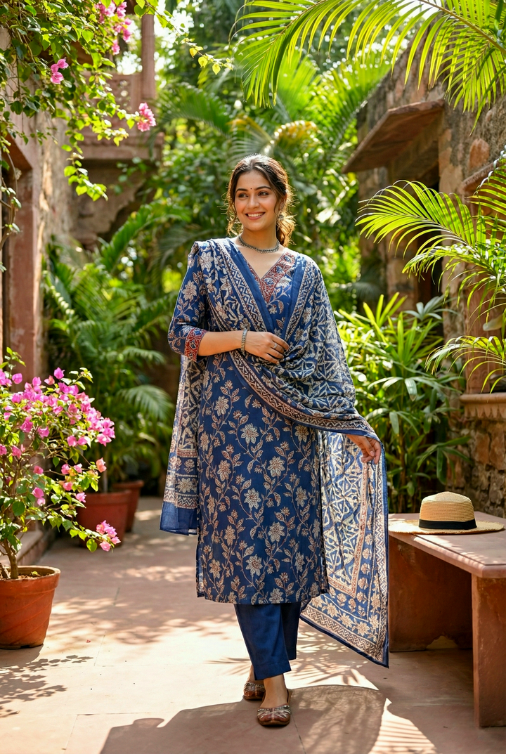 Indigo Cotton Heavy Floral Digital Printed Three Piece Set