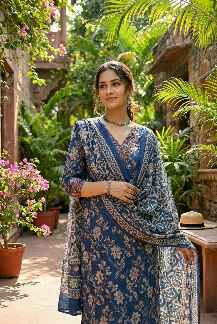 Indigo Cotton Heavy Floral Digital Printed Three Piece Set