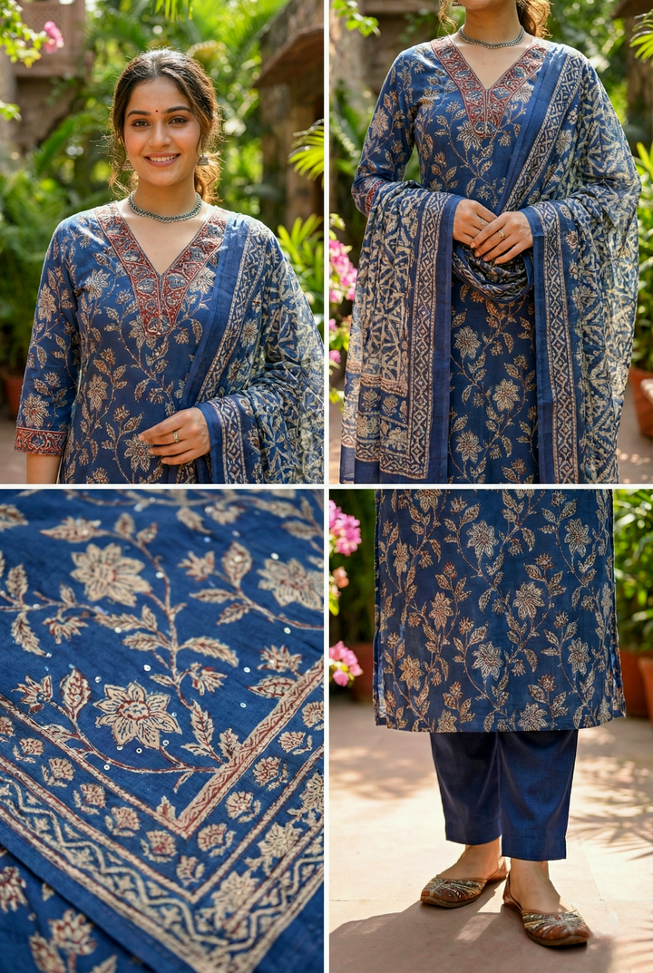 Indigo Cotton Heavy Floral Digital Printed Three Piece Set