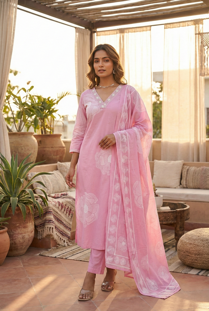 Baby Pink Cotton Floral Printed Three Piece Set