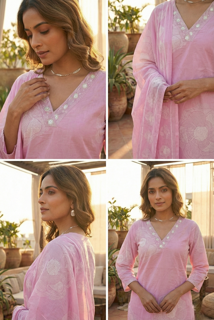 Baby Pink Cotton Floral Printed Three Piece Set