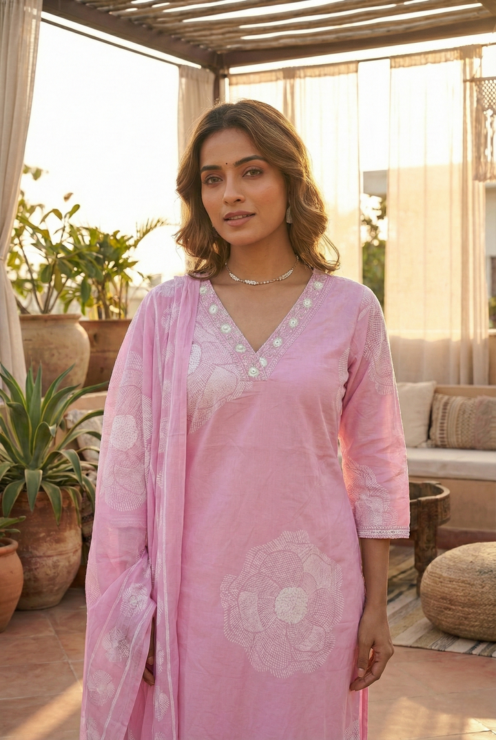 Baby Pink Cotton Floral Printed Three Piece Set