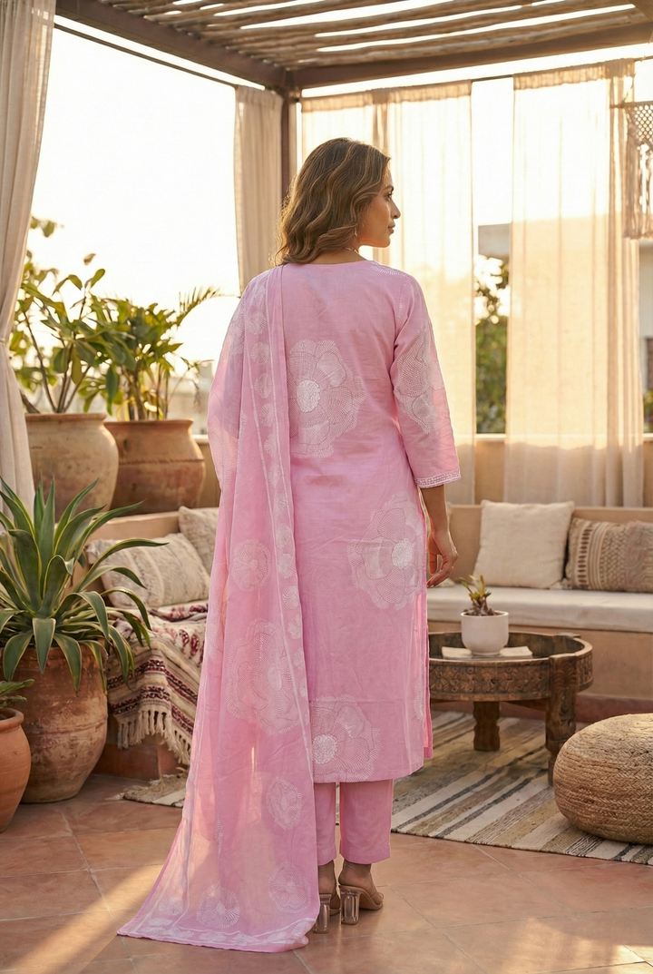 Baby Pink Cotton Floral Printed Three Piece Set