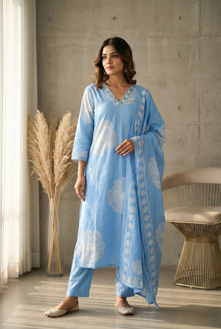 Sky Blue Cotton Floral Printed Three Piece Set