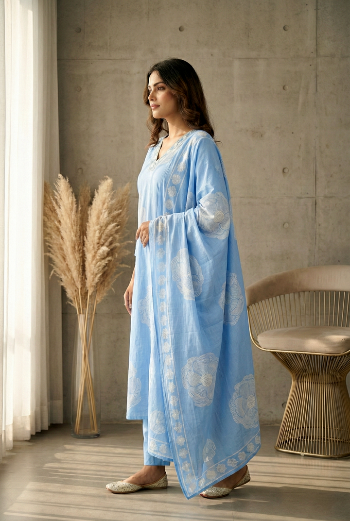 Sky Blue Cotton Floral Printed Three Piece Set