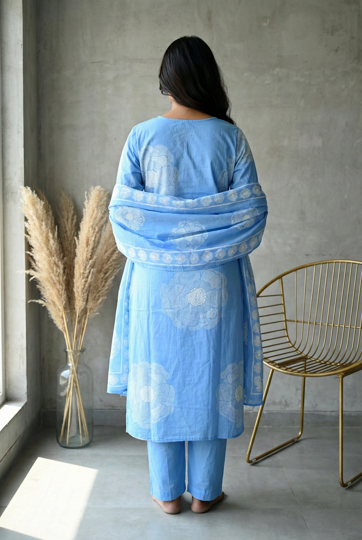 Sky Blue Cotton Floral Printed Three Piece Set