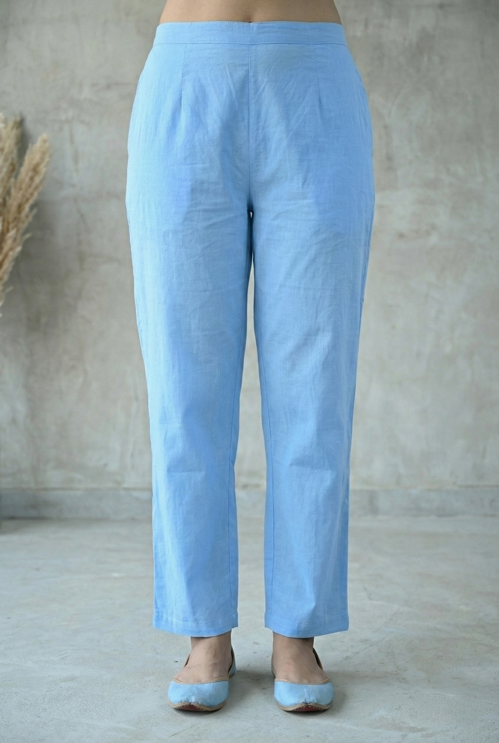 Sky Blue Cotton Floral Printed Three Piece Set