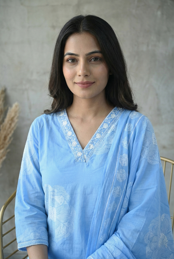 Sky Blue Cotton Floral Printed Three Piece Set