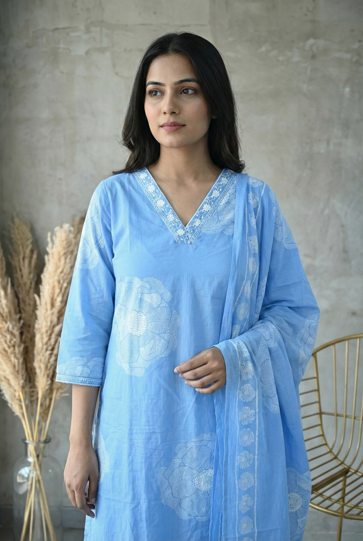Sky Blue Cotton Floral Printed Three Piece Set