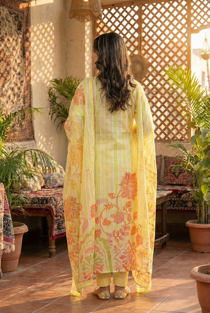 Lime Cotton Hand Embroidery Three Piece Set