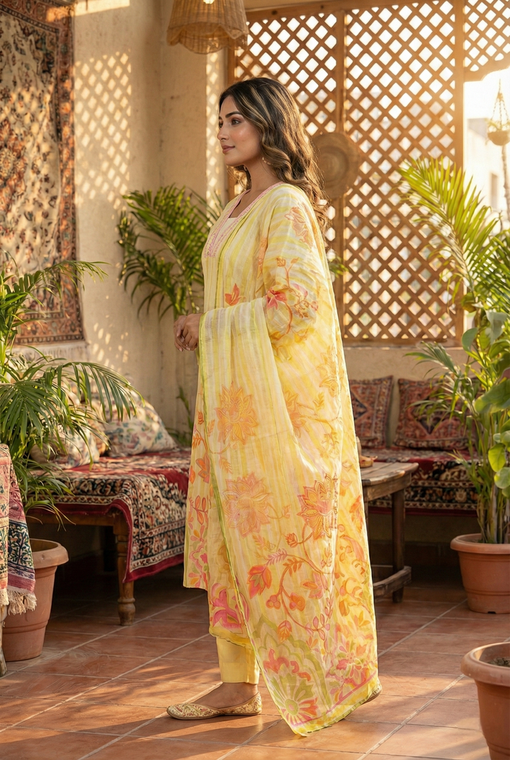 Lime Cotton Hand Embroidery Three Piece Set