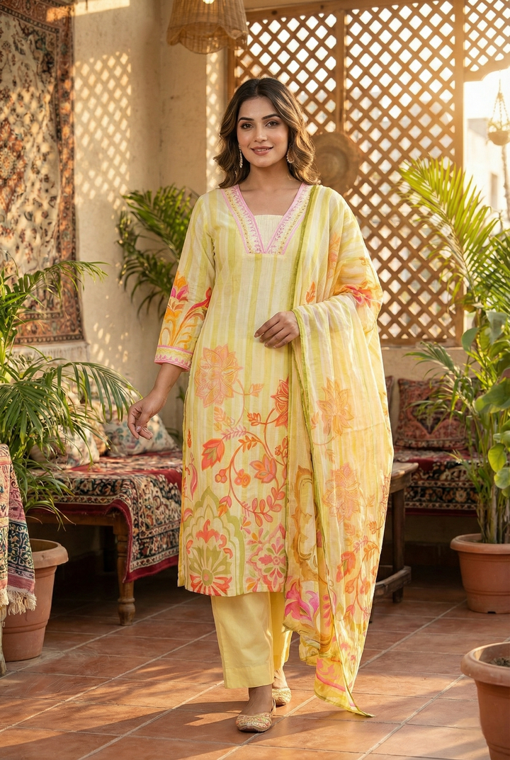 Lime Cotton Hand Embroidery Three Piece Set