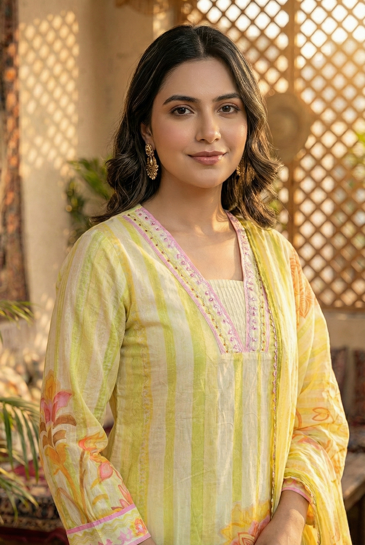 Lime Cotton Hand Embroidery Three Piece Set