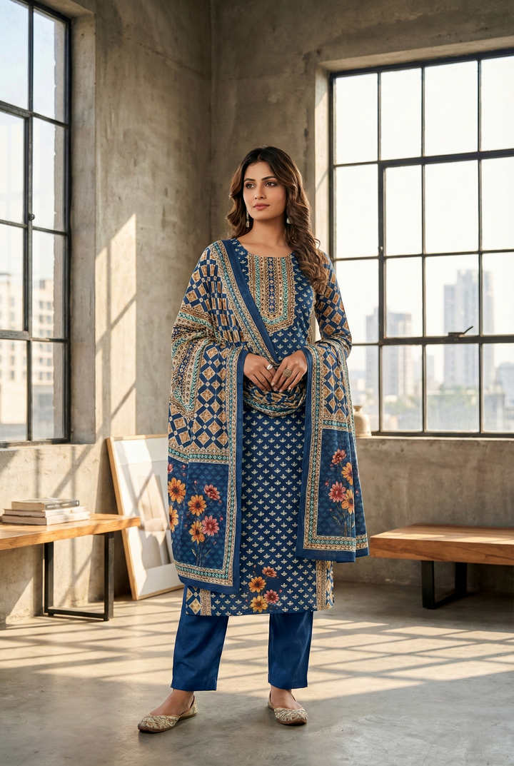 Indigo Silk Digital Printed Three Piece Set