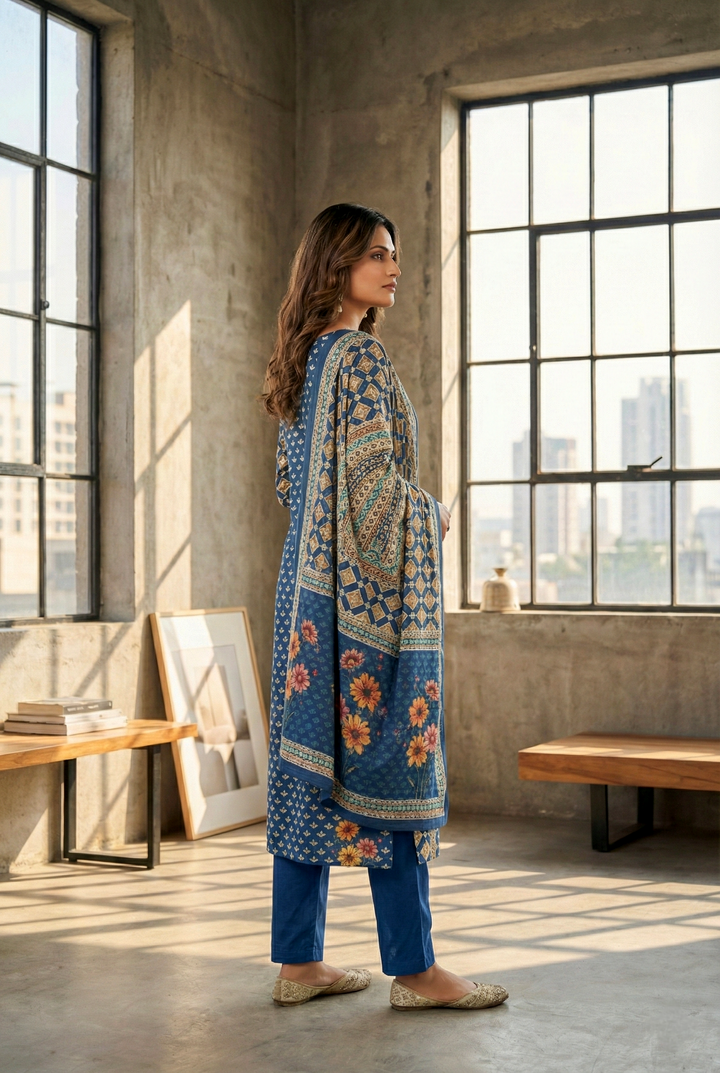 Indigo Silk Digital Printed Three Piece Set