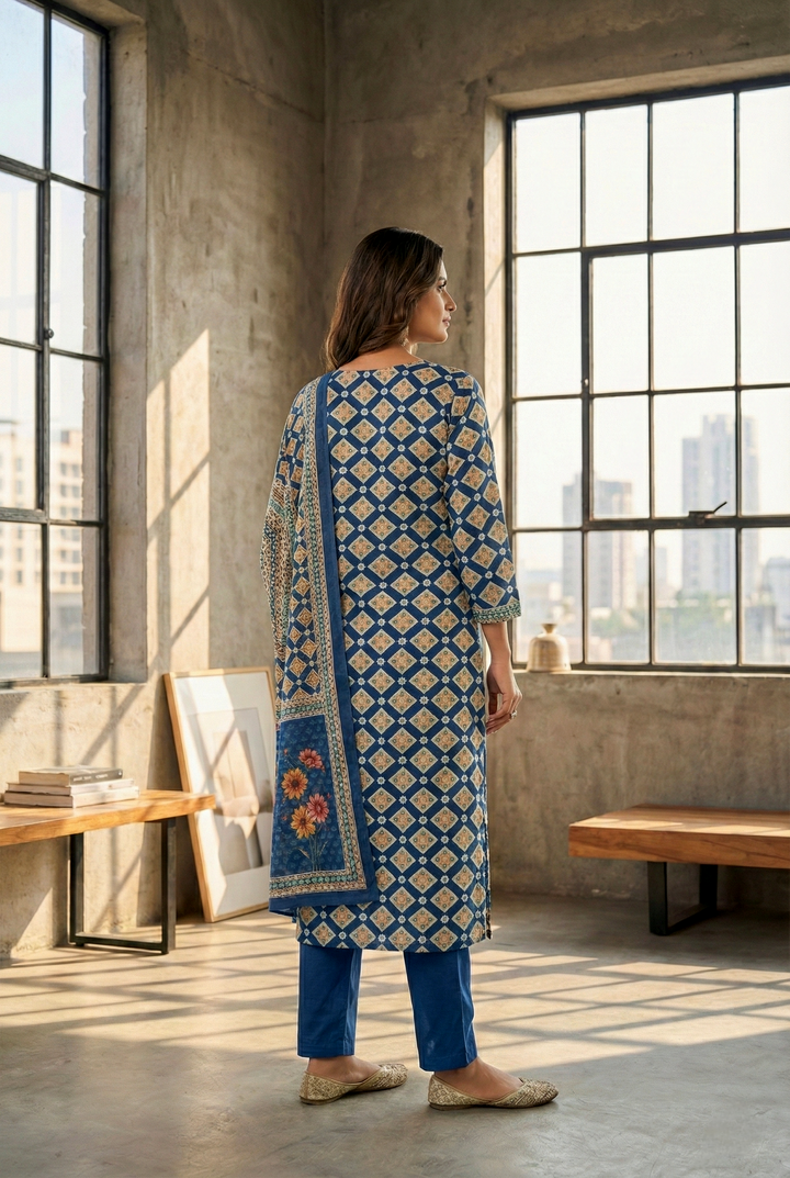 Indigo Silk Digital Printed Three Piece Set