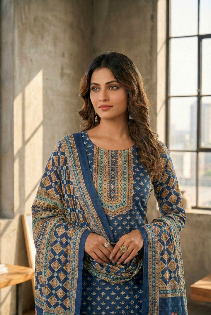 Indigo Silk Digital Printed Three Piece Set