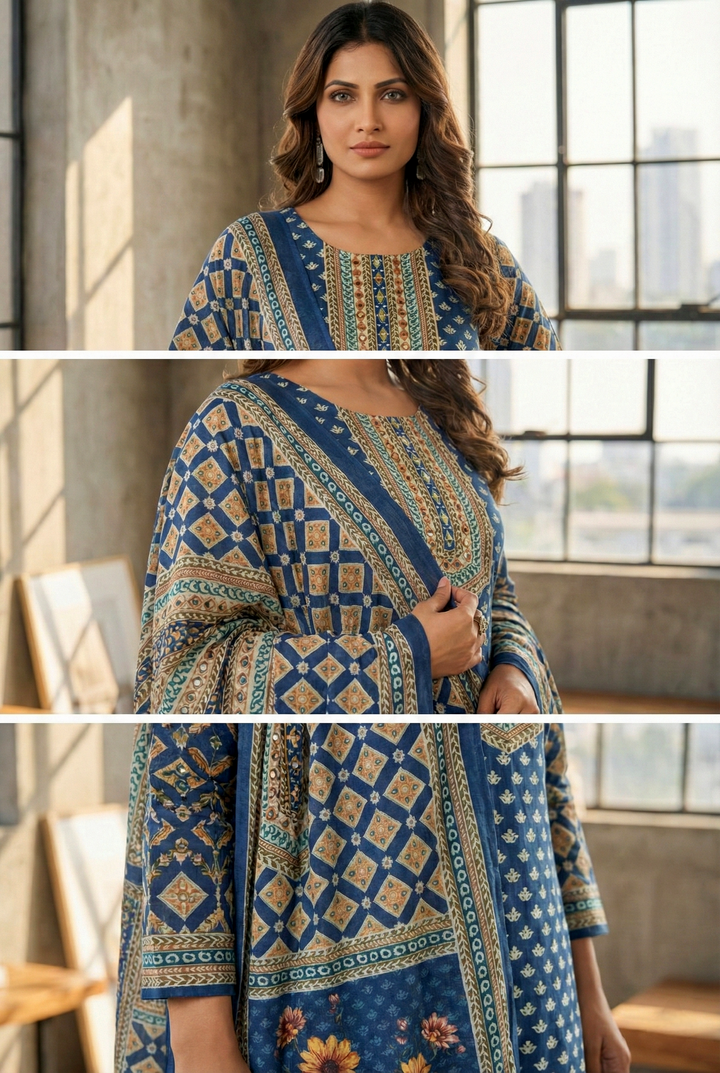 Indigo Silk Digital Printed Three Piece Set