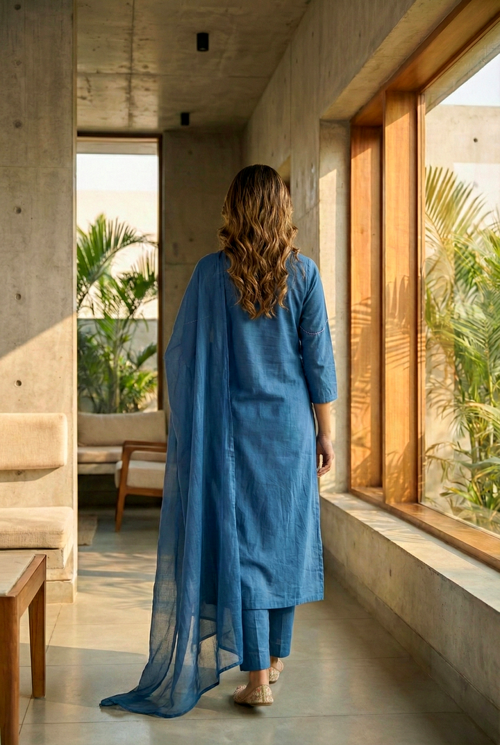 Teal Cotton Floral Hand Embroidered Three Piece Set