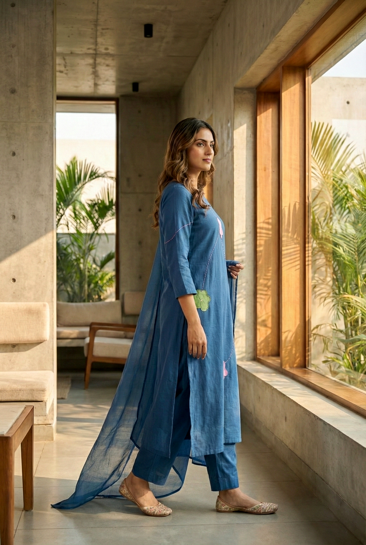 Teal Cotton Floral Hand Embroidered Three Piece Set