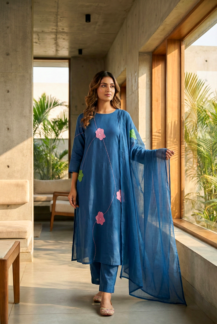 Teal Cotton Floral Hand Embroidered Three Piece Set