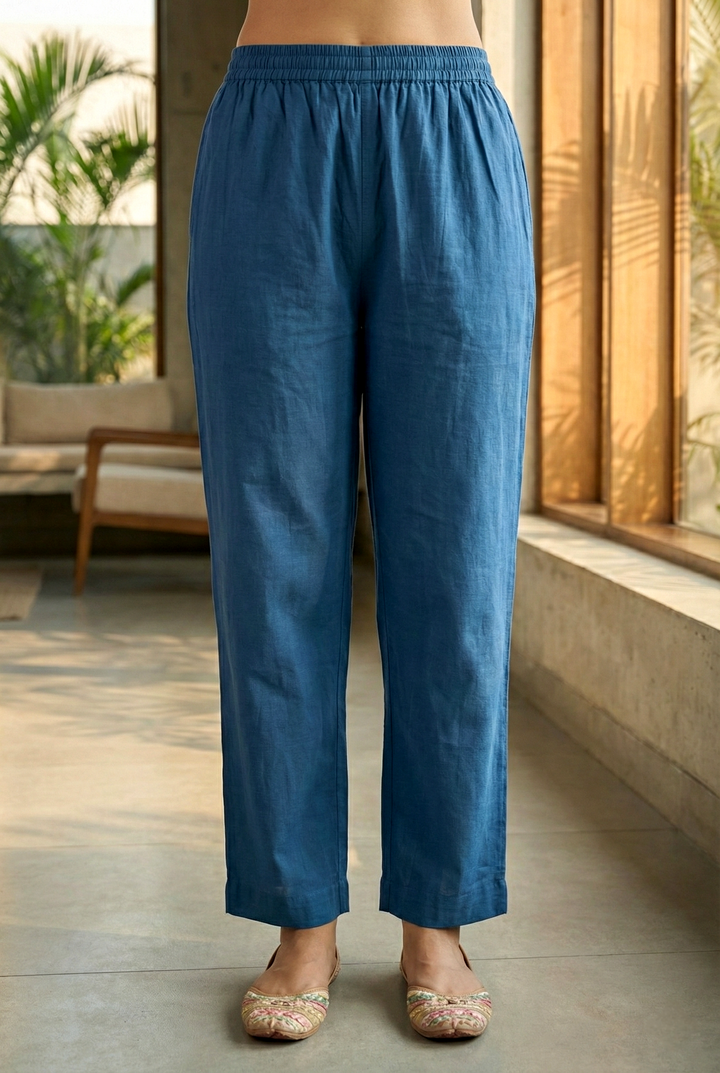 Teal Cotton Floral Hand Embroidered Three Piece Set