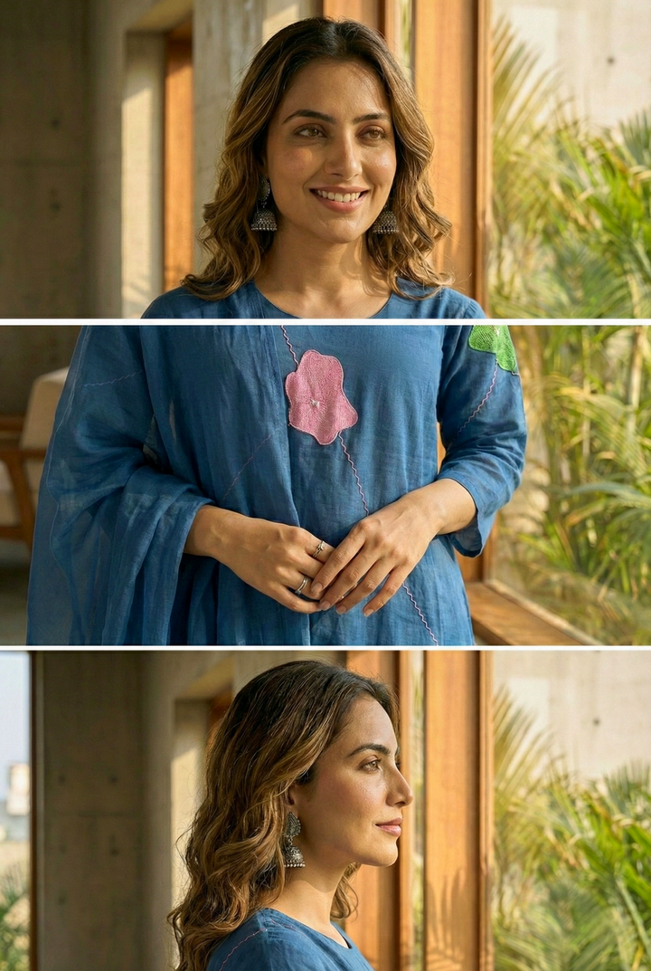 Teal Cotton Floral Hand Embroidered Three Piece Set