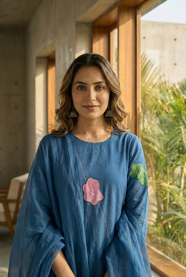 Teal Cotton Floral Hand Embroidered Three Piece Set