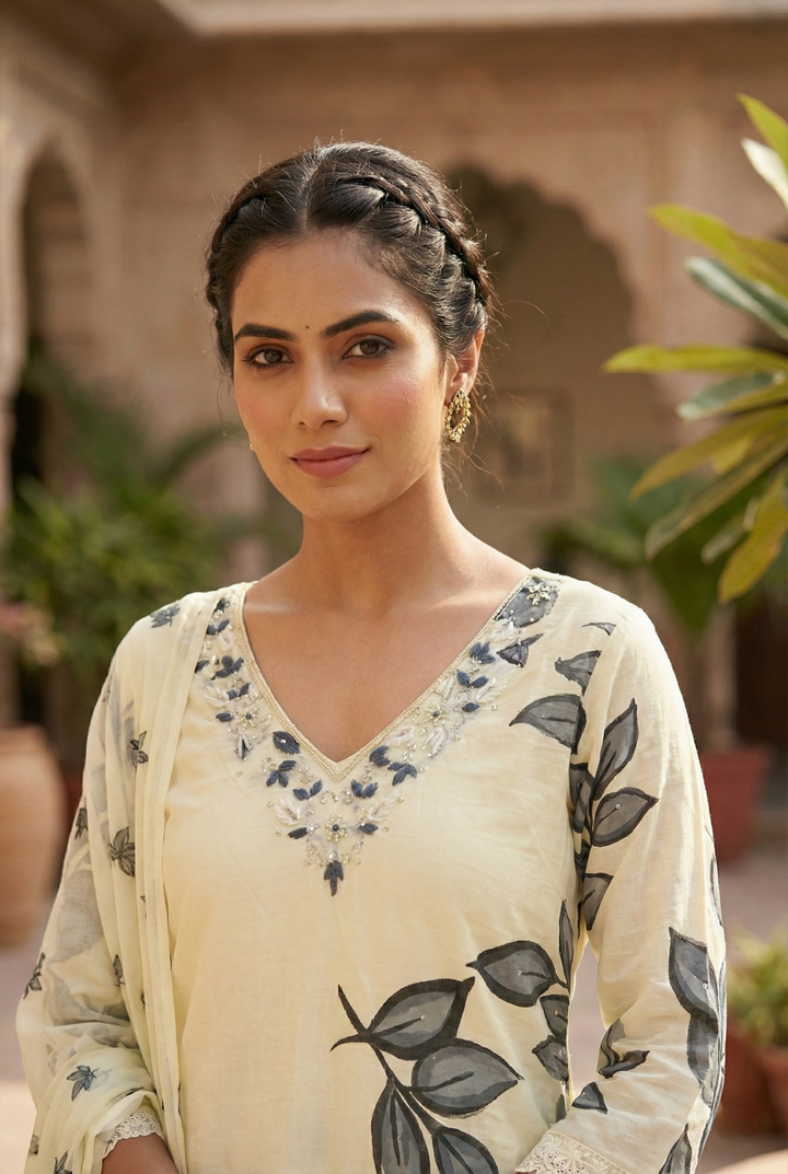 Grey Cotton Beads And Sequins Embroidered Three Piece Set