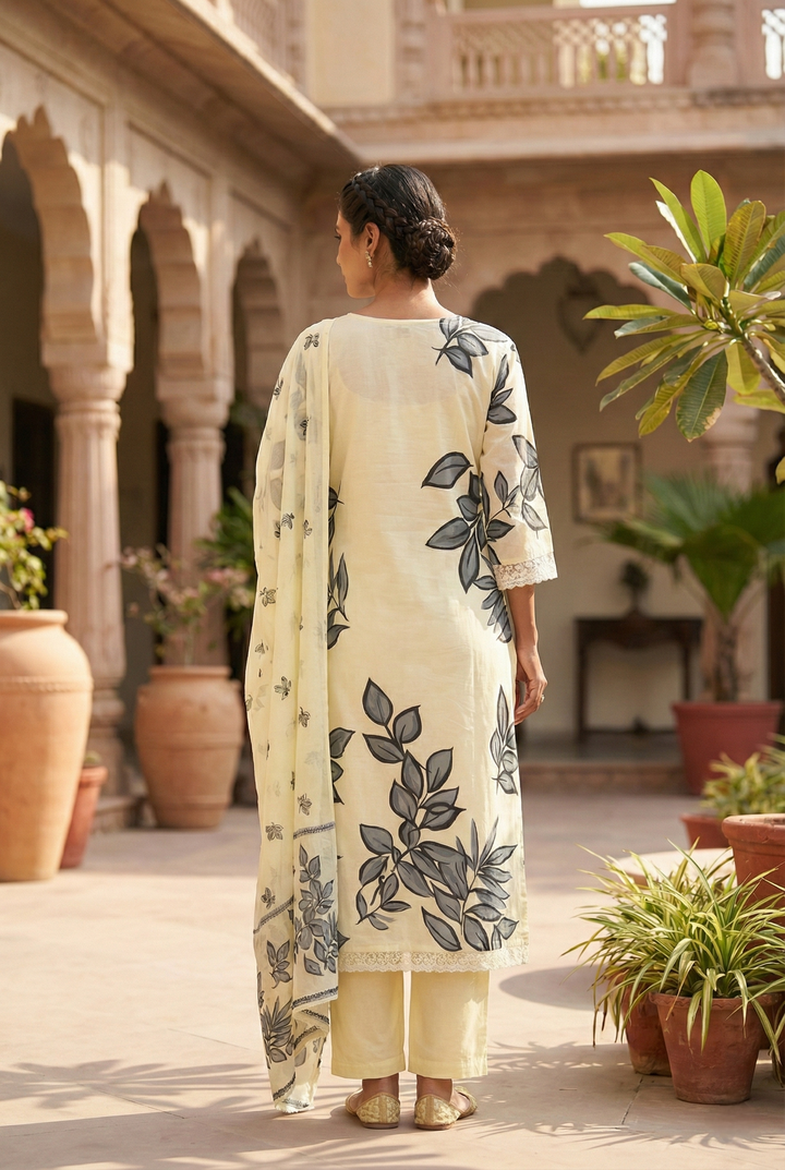 Grey Cotton Beads And Sequins Embroidered Three Piece Set